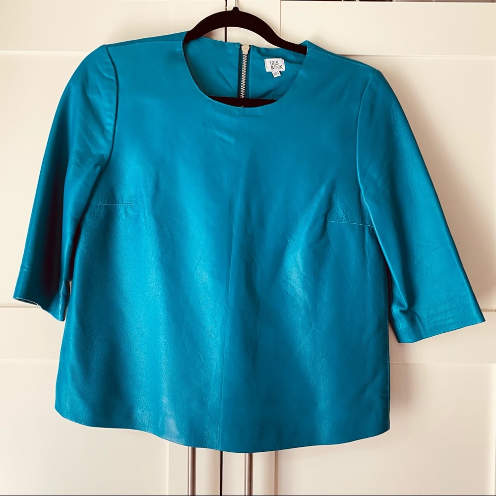 Iris and Ink peacock blue lamb leather 3/4 sleeve top (8)